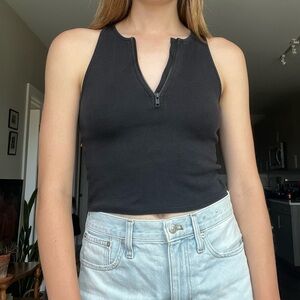 Madewell Cropped Black Tank with Half Zip Detail